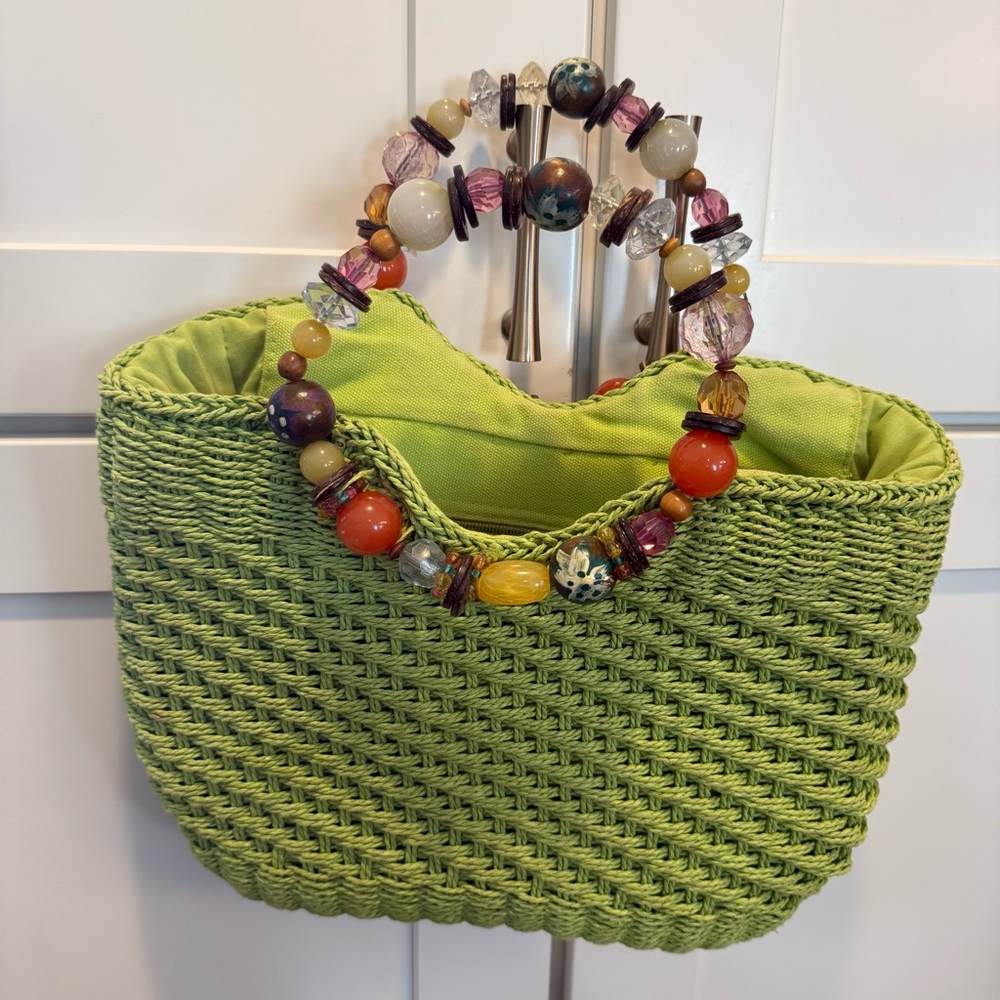Cappelli Straworld Green Woven Handbag with Beaded Handle